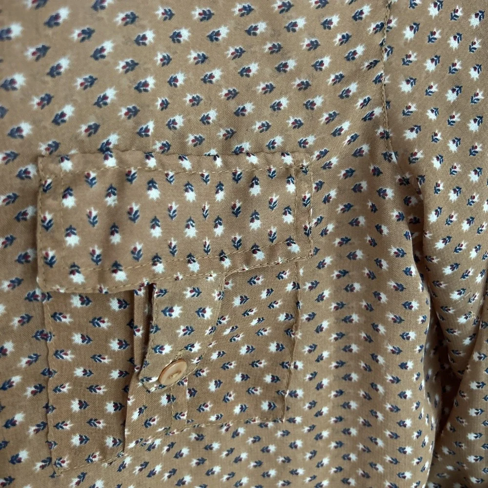 Passport‎ Women's Sz S Brown Floral Sheer Roll Tab Sleeves Button Up Blouse